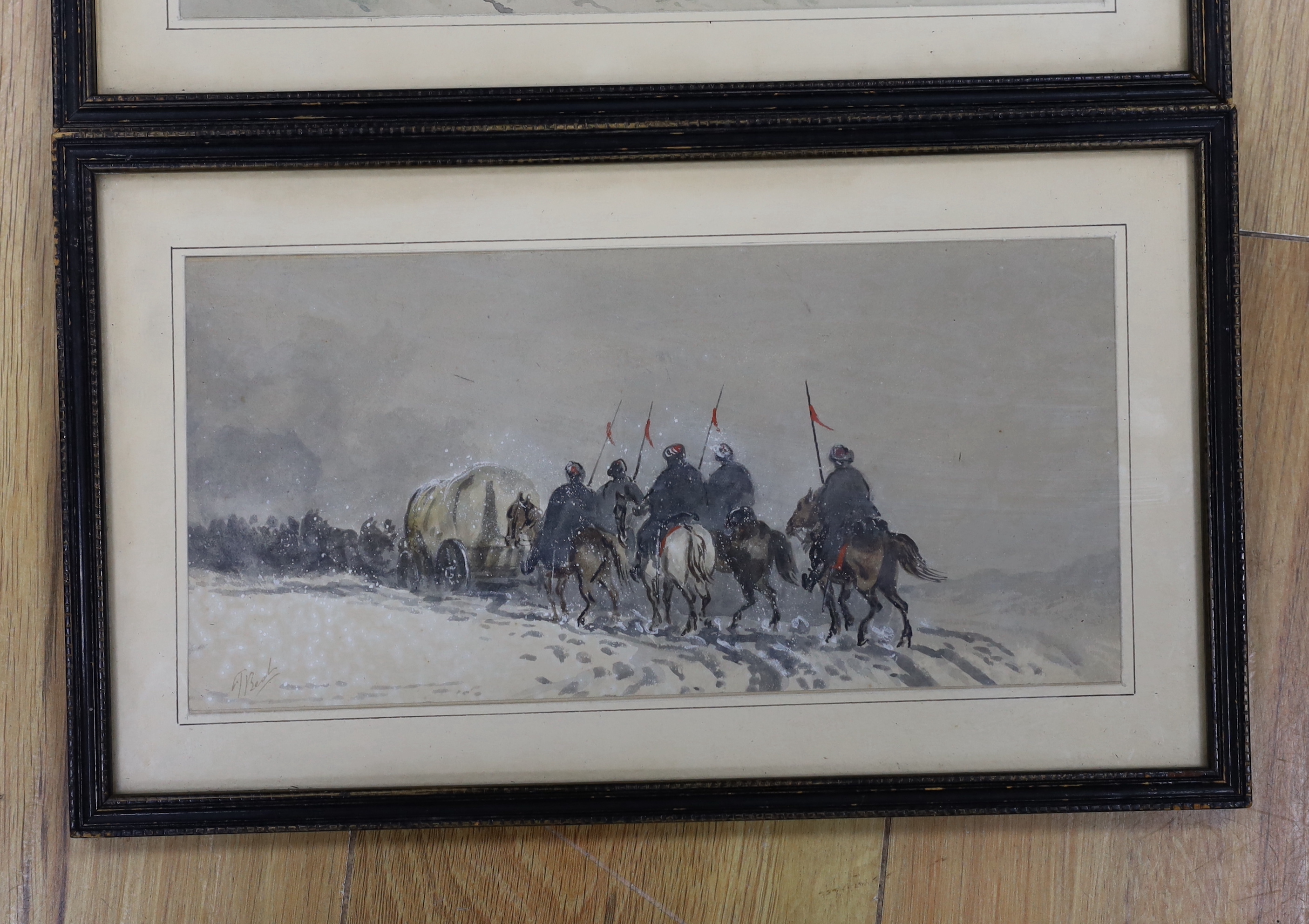 19th century, set of three heightened watercolours, Crimean battle scenes, two indistinctly signed, 27cm x 13cm